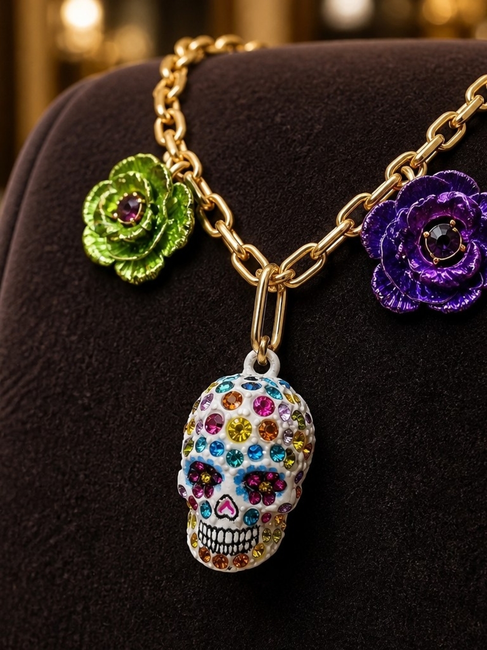 Betsey Johnson Gold-Tone Multi-Color Skull & Flower Charm Bracelet - Picture 2 of 7